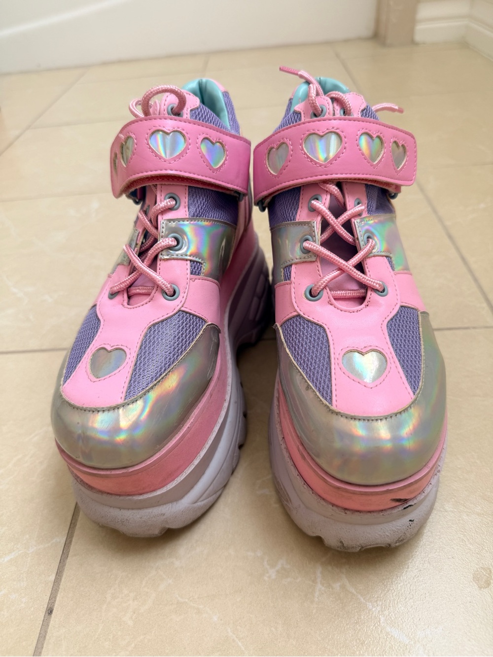 Sugar Thrillz Dollskill Pink Iridescent Heart Platform Sneakers 7